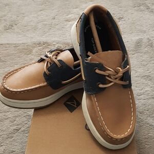 NIB Boys' Sperry Cup II Boat Tan/Navy Leather Top-Sider Boat Shoes, Sz 12.5M